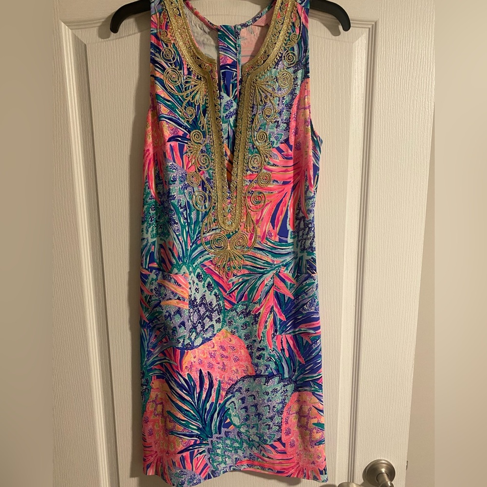 Lilly Pulitzer pineapple print dress with metallic gold trim and racer back